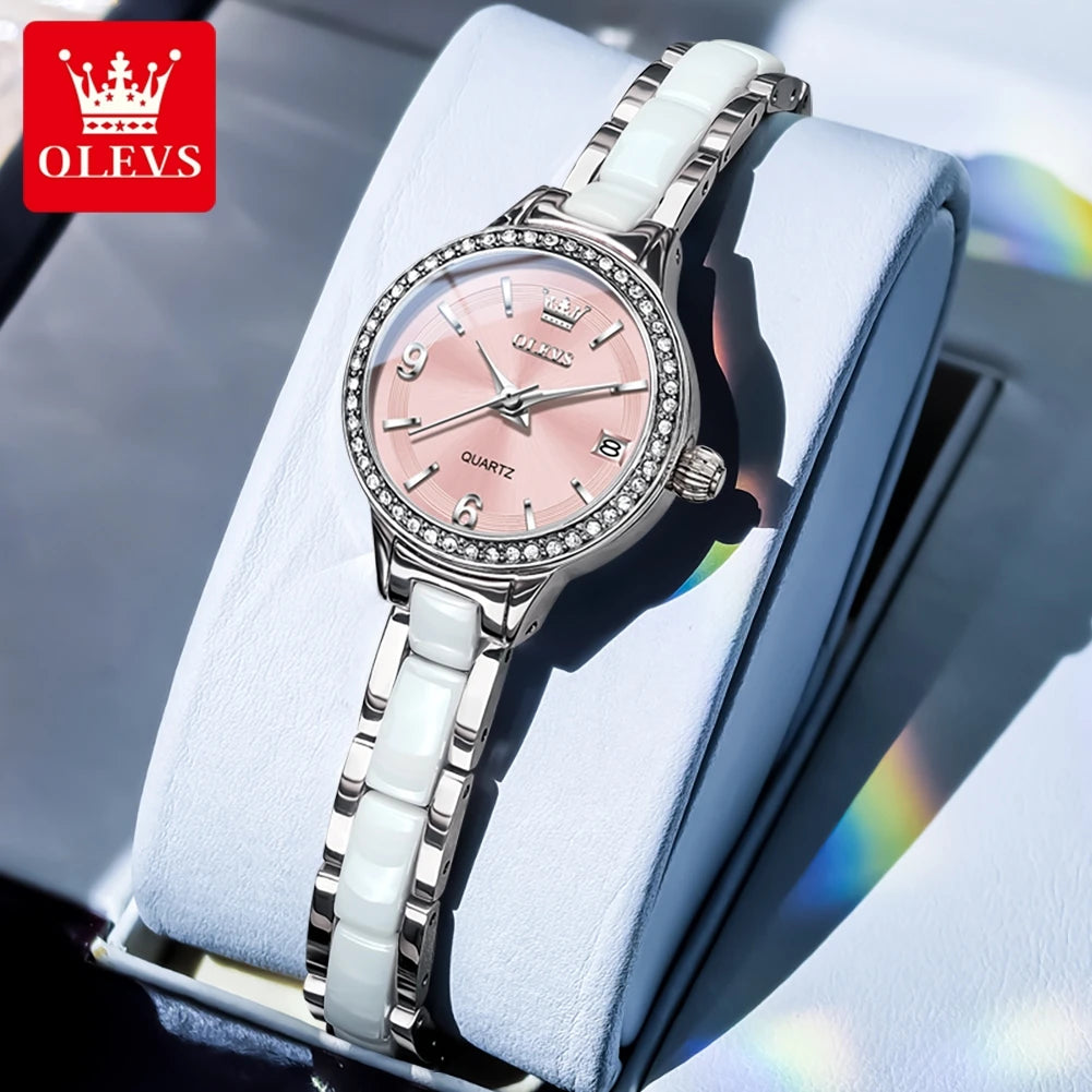 OLEVS 7093 Ladies Watch High Quality Elegant Original Quartz Wristwatch Waterproof Luminous Watches For Woman Ceramics Strap