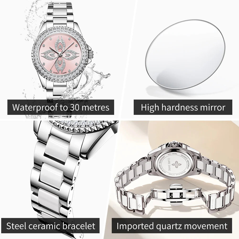 CLARE SHINE 1806 Damenuhren Mode Elegante Keramik Quarz Armbanduhr Wasserdichte Leuchtende Luxus Damenuhr Marke