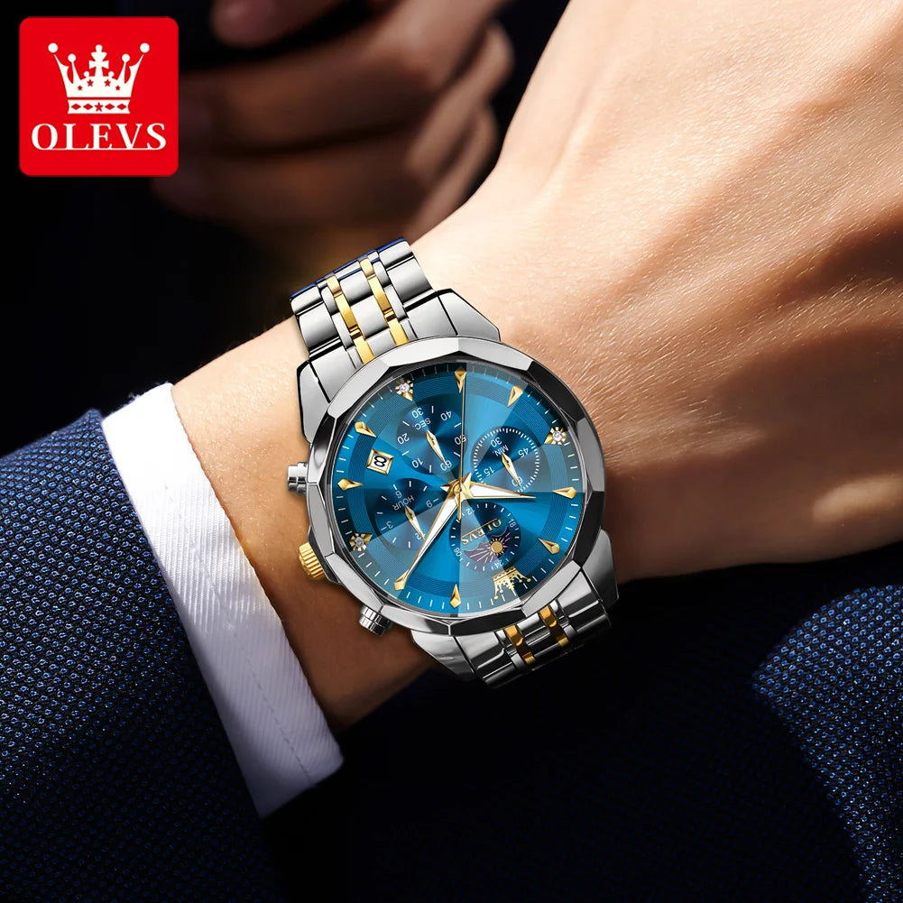 OLEVS 3673 Herrenuhr Mode Chronograph Quarzuhr für Herren 43mm großes Zifferblatt Mondphase Kalender Wasserdicht Original Armbanduhr