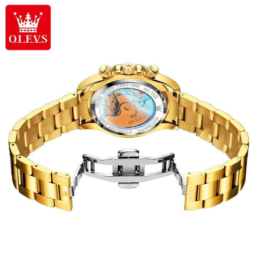 OLEVS 7038 Luxury Diamond Mechanical Watch For Men Moon Phase Auto Date Man Hand Clock 30M Waterproof Stainless Steel Men Watch