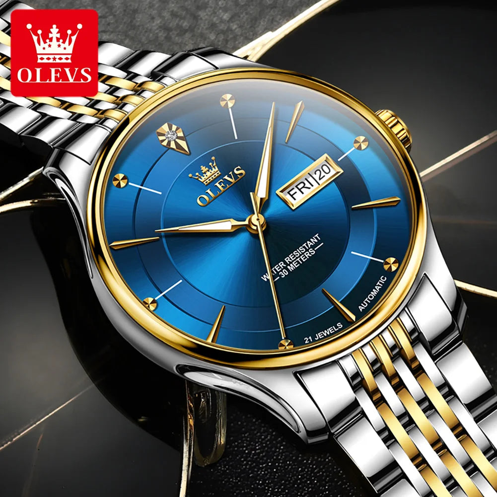 OLEVS 9927 Automatic Watch For Men Luxury Dual Calendar Original Mechanical Dress Hand Clock Waterproof Luminous Man Watches