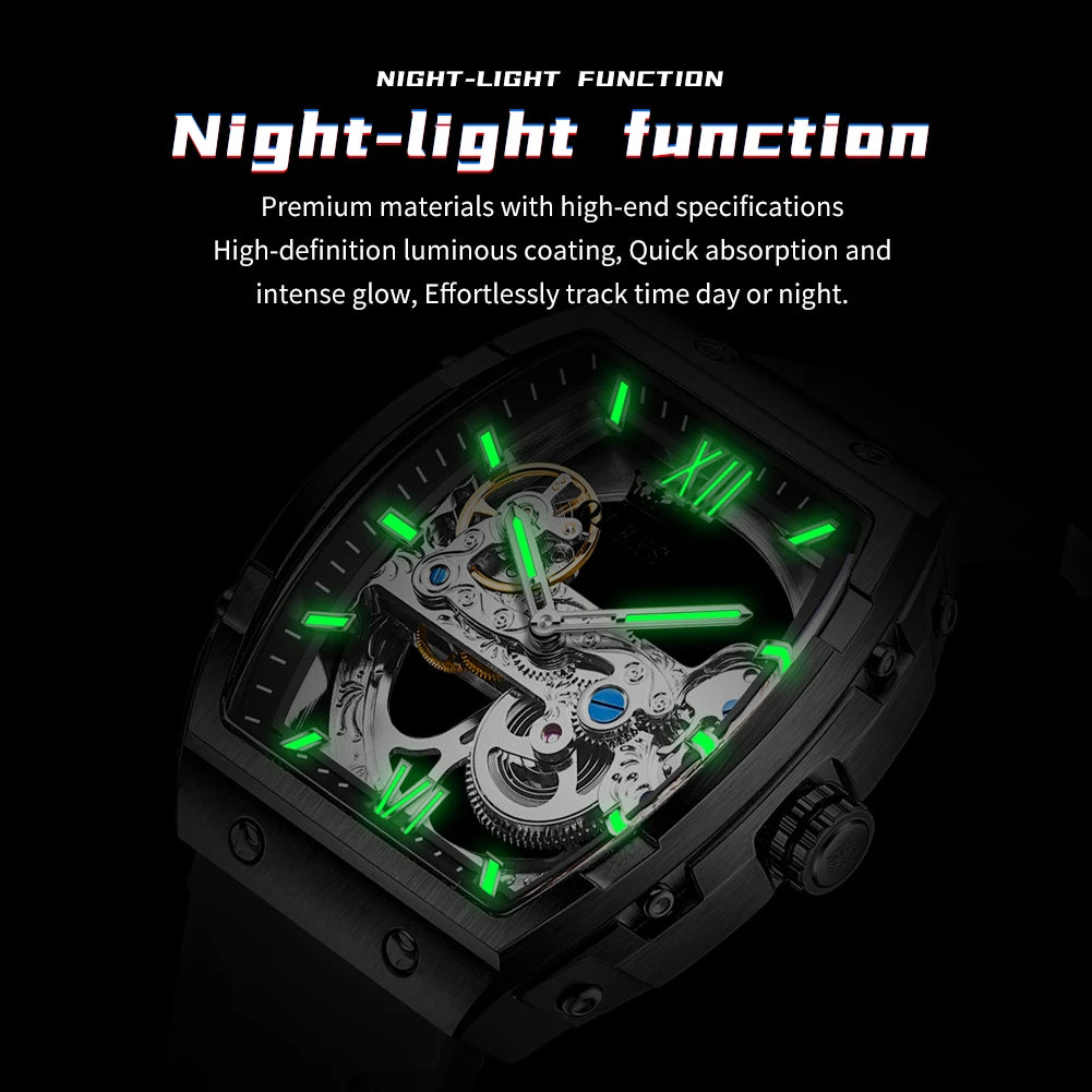 OLEVS 6779 Man Watch Skeleton Luxury Tonneau Mechanical Watches For Men Waterproof Silicone Strap Automatic Hand Clock Gifts Box