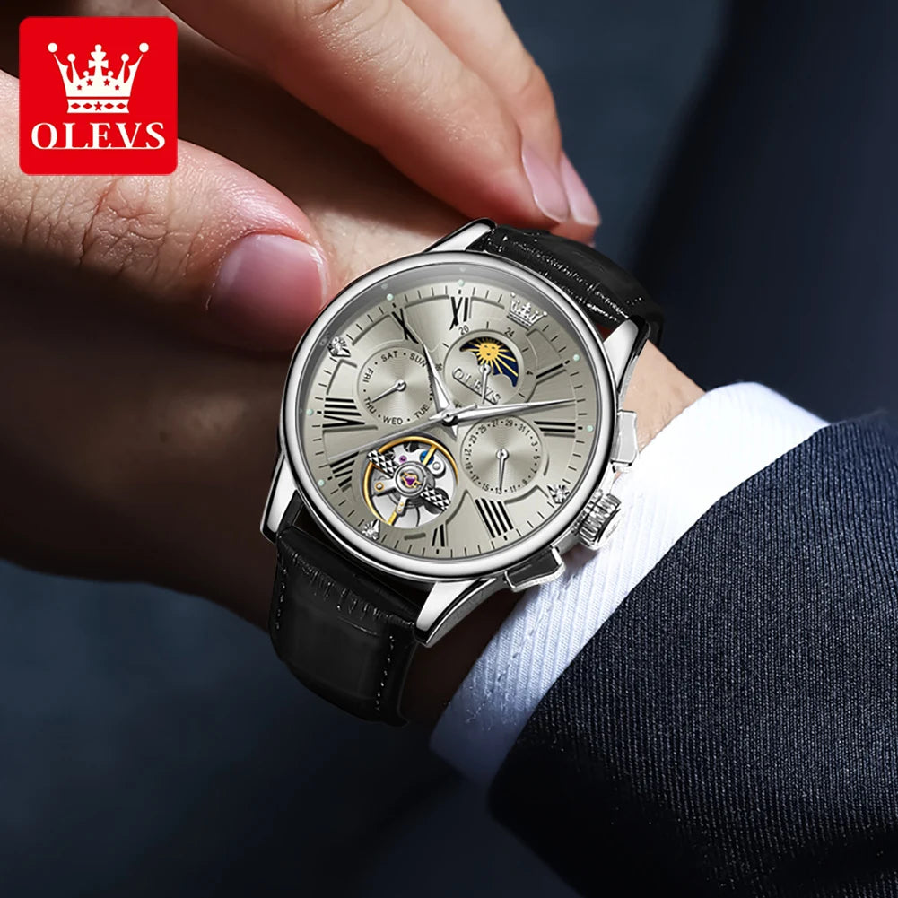 OLEVS Lüks Erkek Saatler Orijinal Moda İskelet Otomatik Mekanik Saatler Su Geçirmez Ay Fazlı Saatler Erkekler İçin 9912