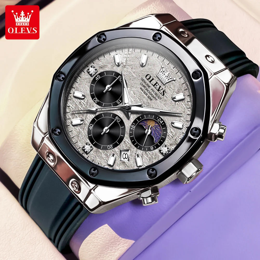 OLEVS 9911 Man Quartz Watch Big Dial Chronograph Watch For Men Moonswatch Date Fashion Waterproof Male Hand Clock Silicone Strap