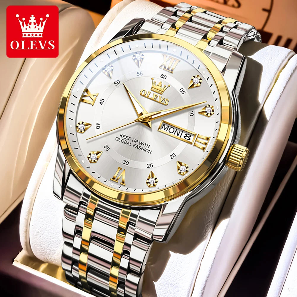 OLEVS 5513 Armbanduhr Herren Dual-Kalender Mode Quarzuhr Für Männer Diamant-Skala Edelstahl Luxus Herren Armbanduhr Wasserdicht