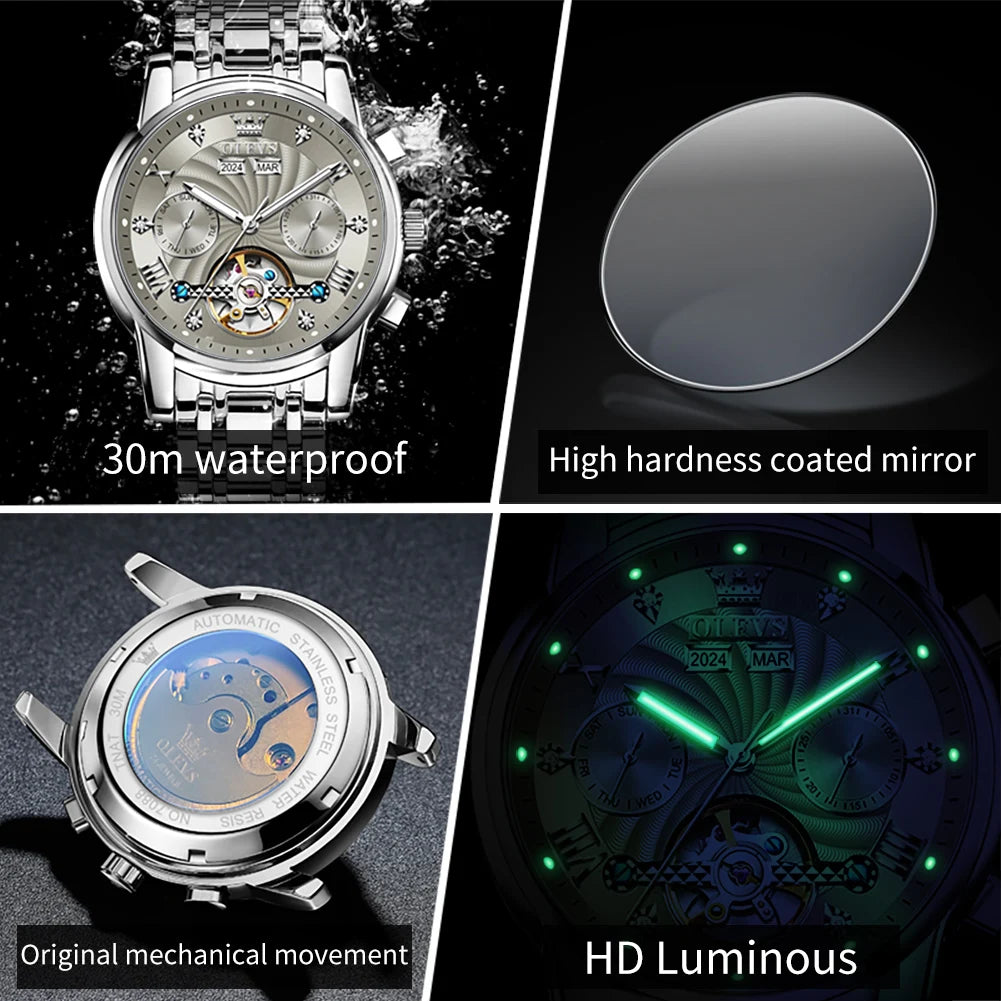 OLEVS 7088 Men's Watch Fashion Calendar Mechanical Watch For Men Original Hollow Steel Strap Business Wristwatch Deep Waterproof