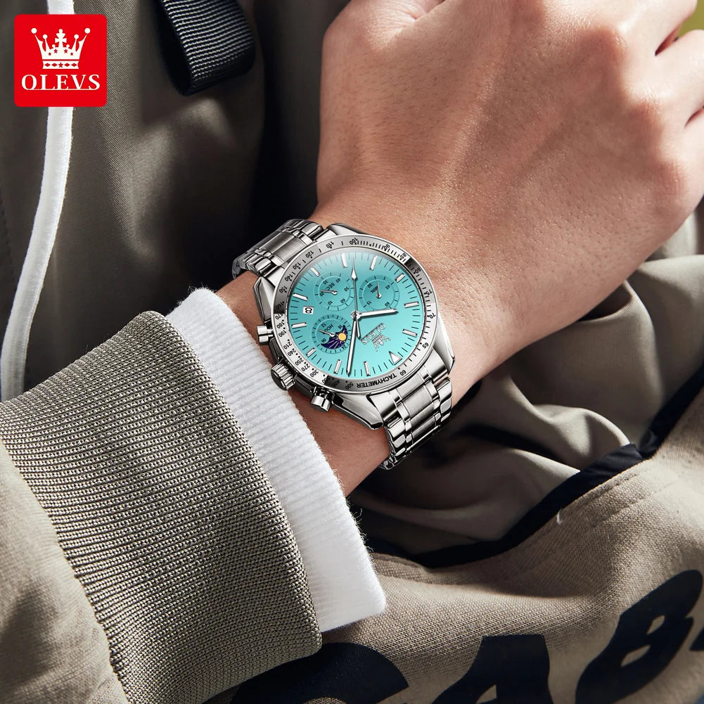 OLEVS 3618 Quarzuhr für Herren, originaler Chronograph, Mondphase, 24-Stunden-Anzeige, Armbanduhr, Edelstahl, Top-Marke Herrenuhr