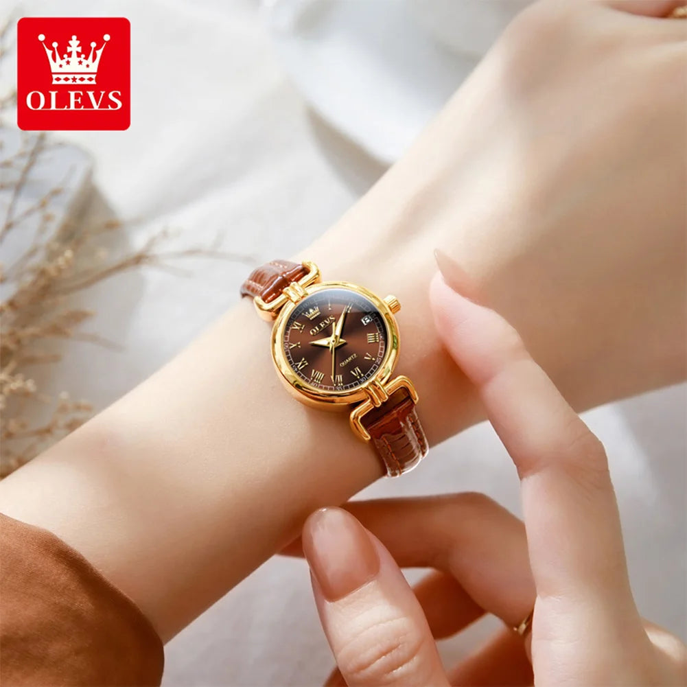 OLEVS 5645 Women's Watch Leather Strap Date Quartz Watch For Women High Hardness Mirror Roman Scale Fashion Ladies Hand Clock
