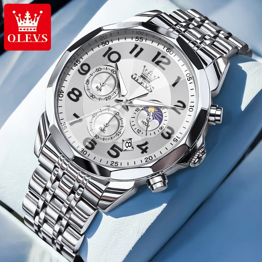 OLEVS 3676 Herrenuhr Top Marke Ziffernskala Quarzuhr für Herren 43mm Großes Zifferblatt Chronograph Wasserdicht Mode Herrenarmbanduhr
