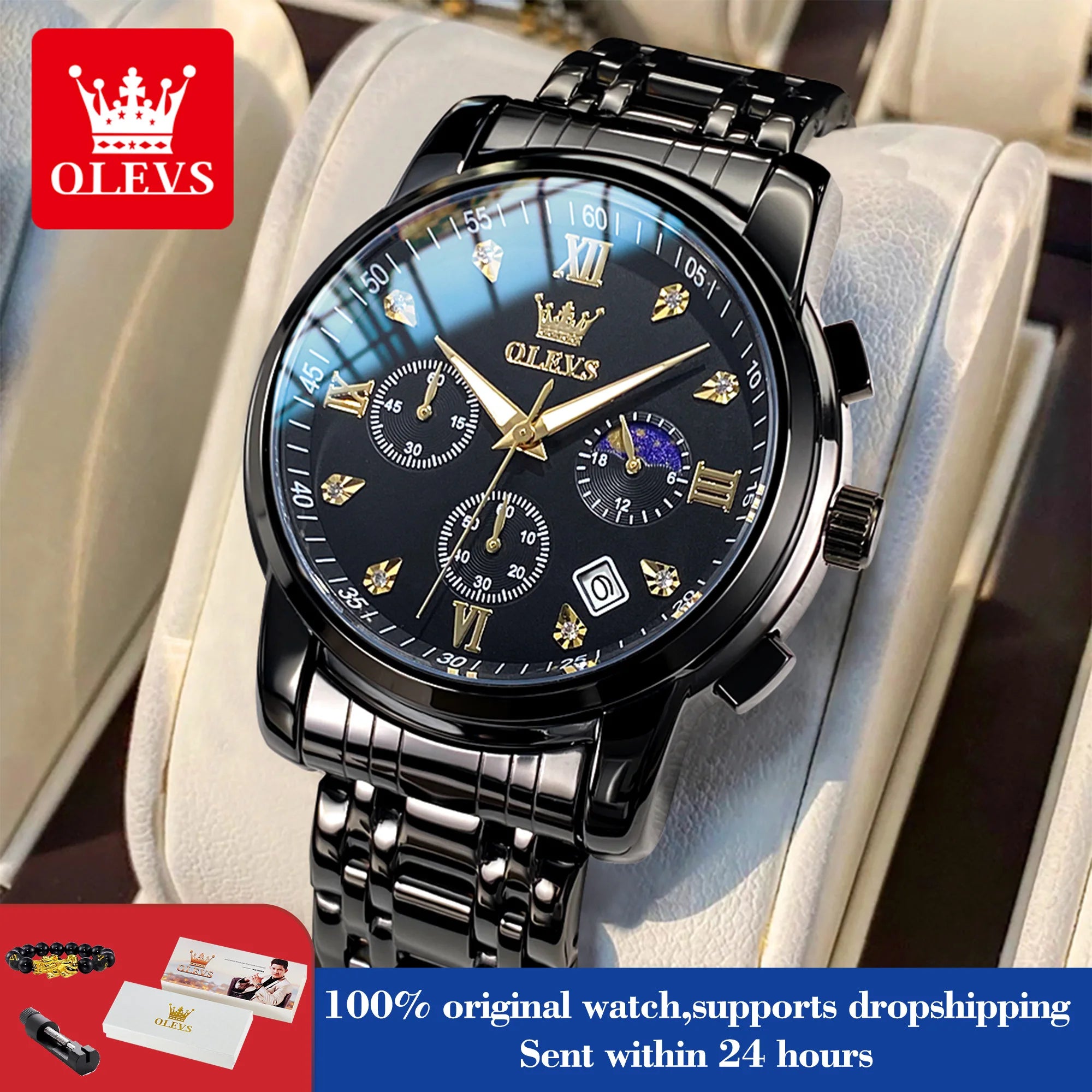 OLEVS 2858 Herrenuhr Diamantzifferblatt Mondphase Quarzuhr für Herren Edelstahl Wasserdicht Top-Marke Luxus Herren-Armbanduhr