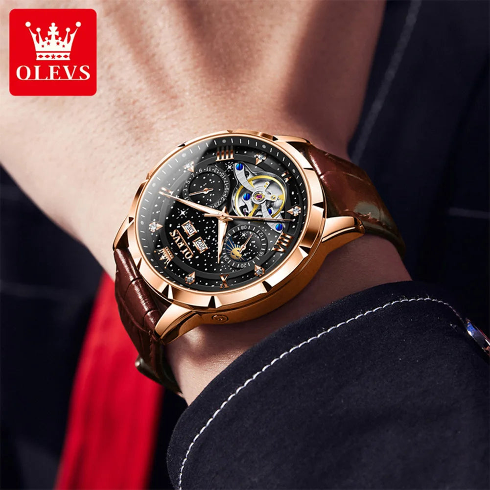 OLEVS 6690 Men's Watch Hollow Fashion Date Mechanical Watch For Men Moon Phase Deep Waterproof Luminous Original Man Hand Clock
