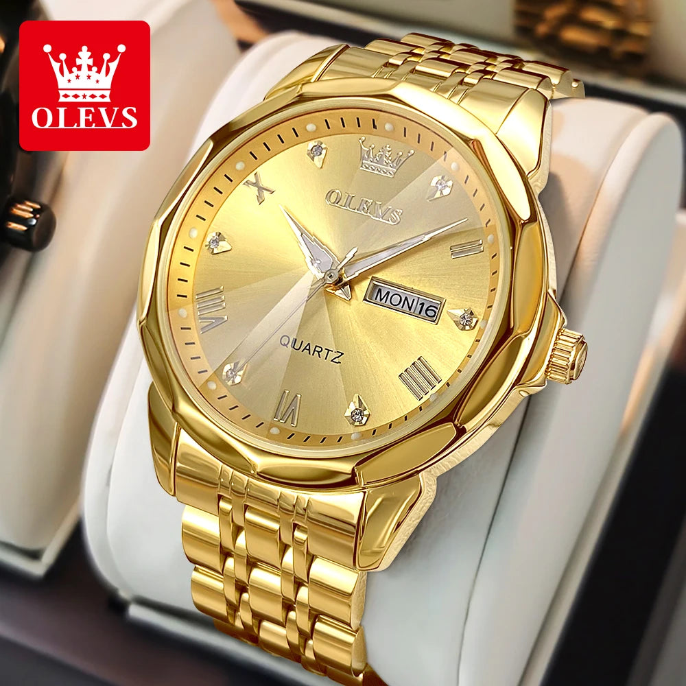 OLEVS 9931 Quartz Watch For Men Rhombus Mirror Waterproof Luminous Stainless Steel Wrist Watches Dual Calendar Man Hand Clock