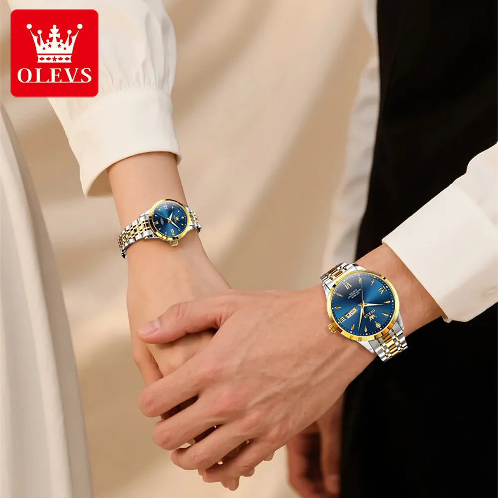 OLEVS 9956 Watches For Couple  Automatic Mechanical Watches Dual Calendar Original Stainless Steel Hand Clock Waterproof 9956