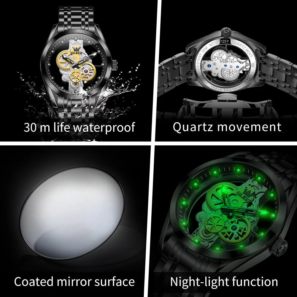 OLEVS 3725 Luxus Herrenuhren 40mm großes Zifferblatt Mode Business Skelett Quarz Uhr für Herren Wasserdicht Leuchtende Herrenuhr