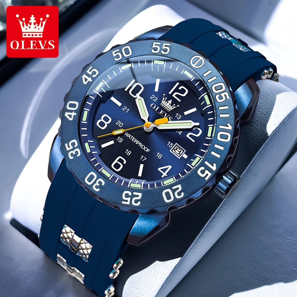 OLEVS 3688 Neue Herrenuhr Wasserdichte Quarzuhr für Herren Hochhärte-Spiegel Leuchtende Original Herren-Armbanduhr Silikonarmband