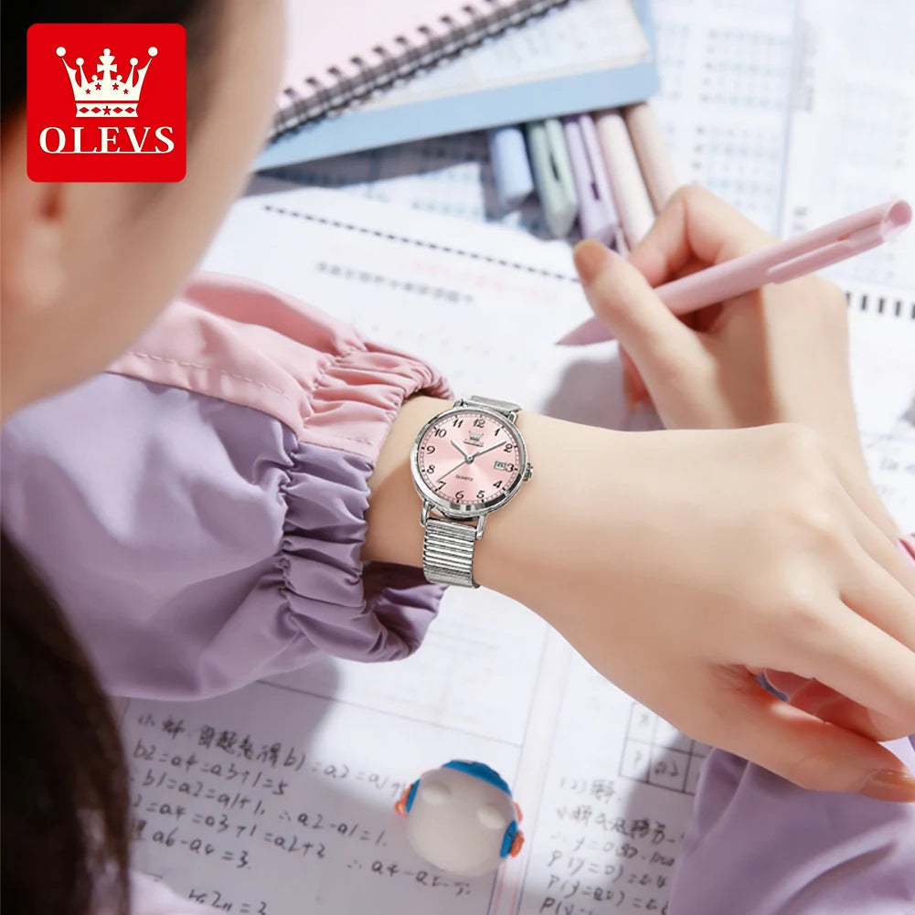OLEVS 7130 Watches for Women Elegant Mesh Strap Quartz Wristwatch 9.5mm Thin Case Waterproof Auto Date Ladies Clock