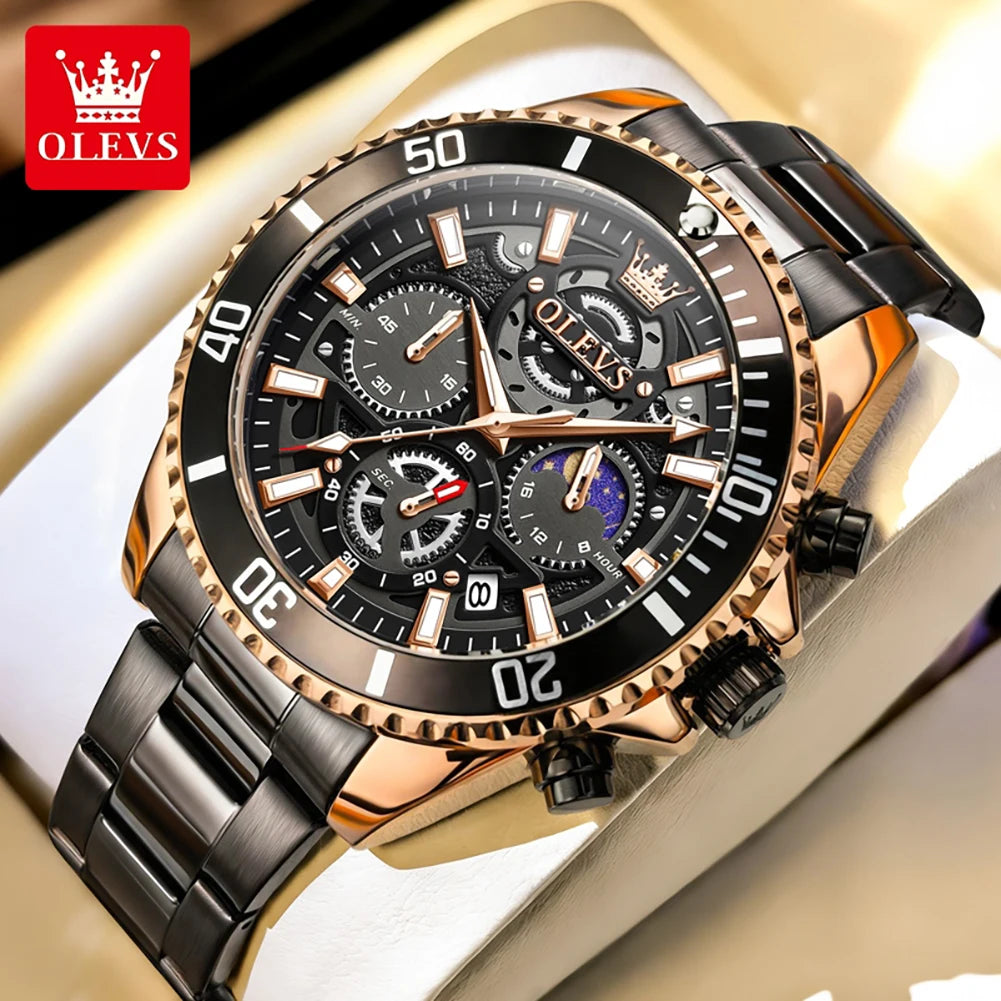 OLEVS 2990 Neue Taucheruhr Quarz Herrenuhr Chronograph Mondphase Wasserdicht Leuchtende Edelstahlarmband Sportuhren für Herren
