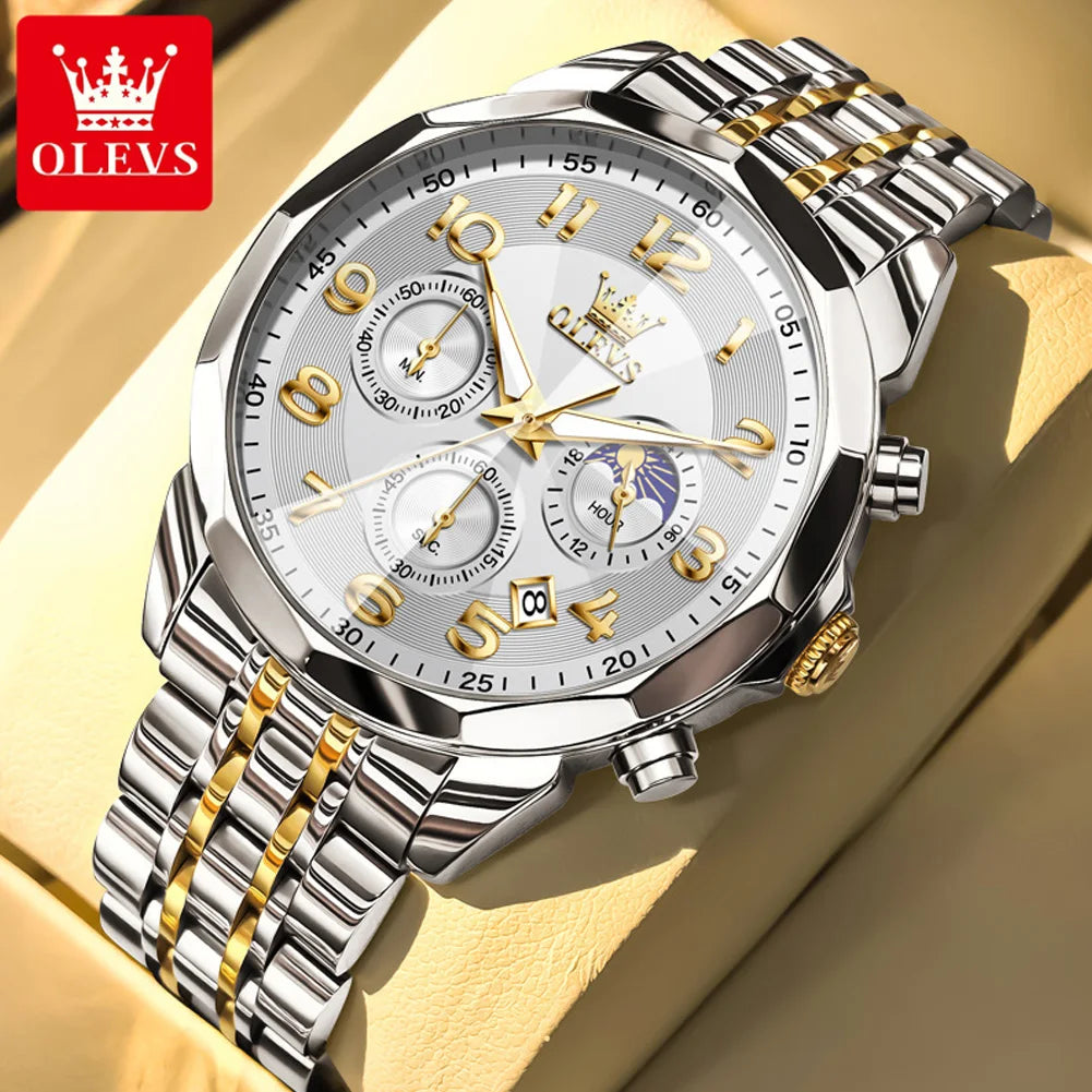 OLEVS 3676 Herrenuhr Top Marke Ziffernskala Quarzuhr für Herren 43mm Großes Zifferblatt Chronograph Wasserdicht Mode Herrenarmbanduhr