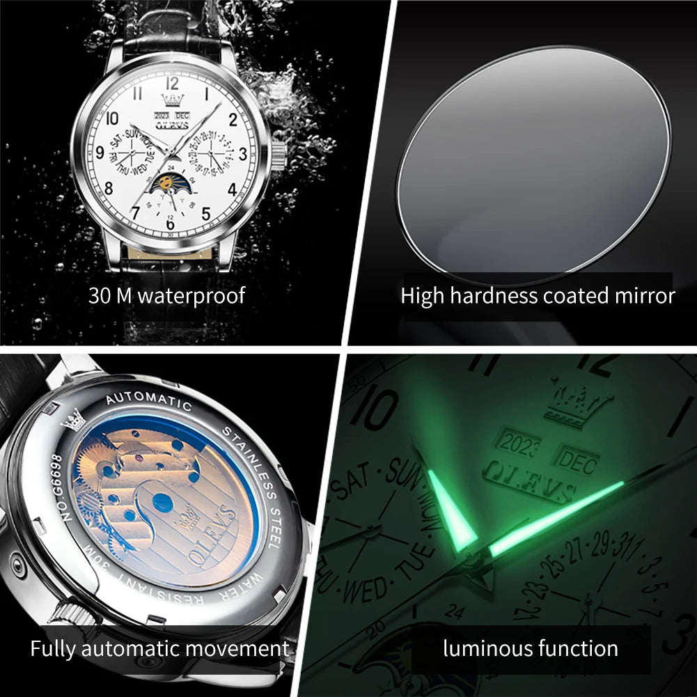 OLEVS 6698 Men Automatic Watch Number Scale Moon Phase Mechanical Watch For Men 42mm Big Dial Waterproof Leather Male Hand Clock