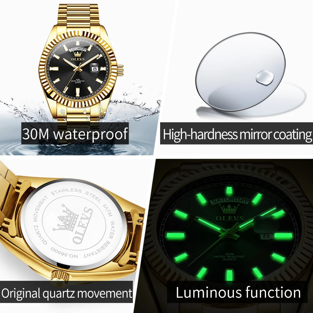 OLEVS 5650 Watches For Man Original Chronograph Date Quartz Watch Steel Strap Waterproof Luminous Top Brand Mens Watch Gifts