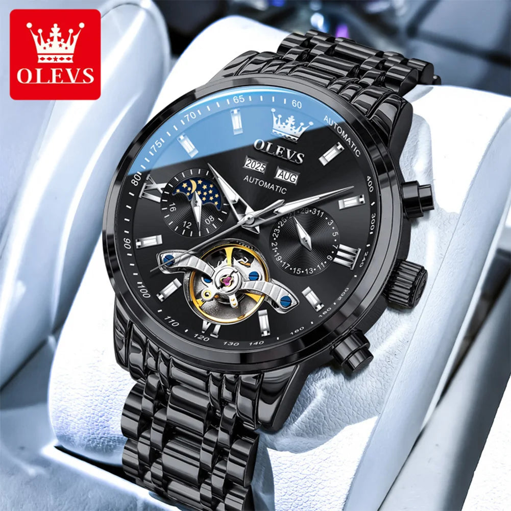 OLEVS 6740 Watches For Man Original Luxury Flywheel Automatic Mechanical Watches Moon Phase Waterproof Luminous Watches Gifts