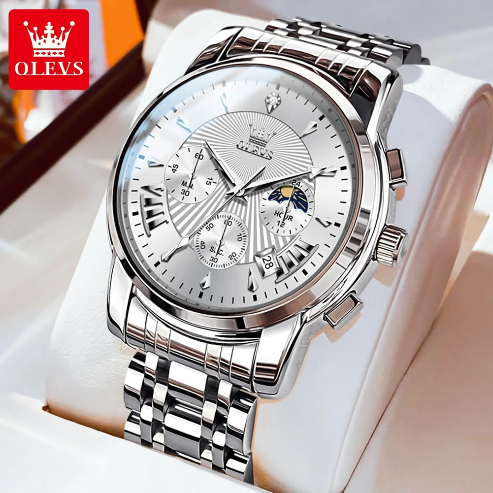OLEVS 2892 Uhr Herren Schlicht Luxus Quarz Uhr für Herren Top Marke Chronograph Mondphase Wasserdichte Dress-Armbanduhr Leuchtend