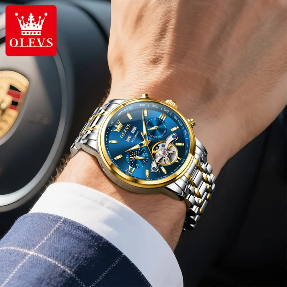 OLEVS 6740 Watches For Man Original Luxury Flywheel Automatic Mechanical Watches Moon Phase Waterproof Luminous Watches Gifts