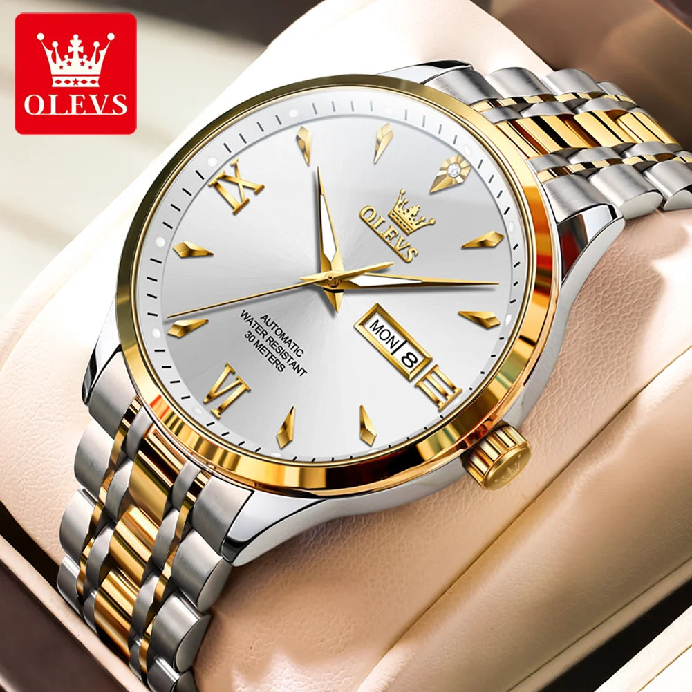 OLEVS 9956 Man Watch Steel Strap Luxury Mechanical Watch For Men Original Fashion Waterproof Automatic Hand Clock Dual Calendar