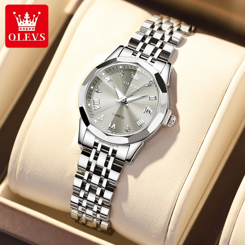 OLEVS 9931 Original Quartz Watches For Woman Rhombus Mirror Waterproof Luminous Stainless Steel Wrist Watches Calendar New