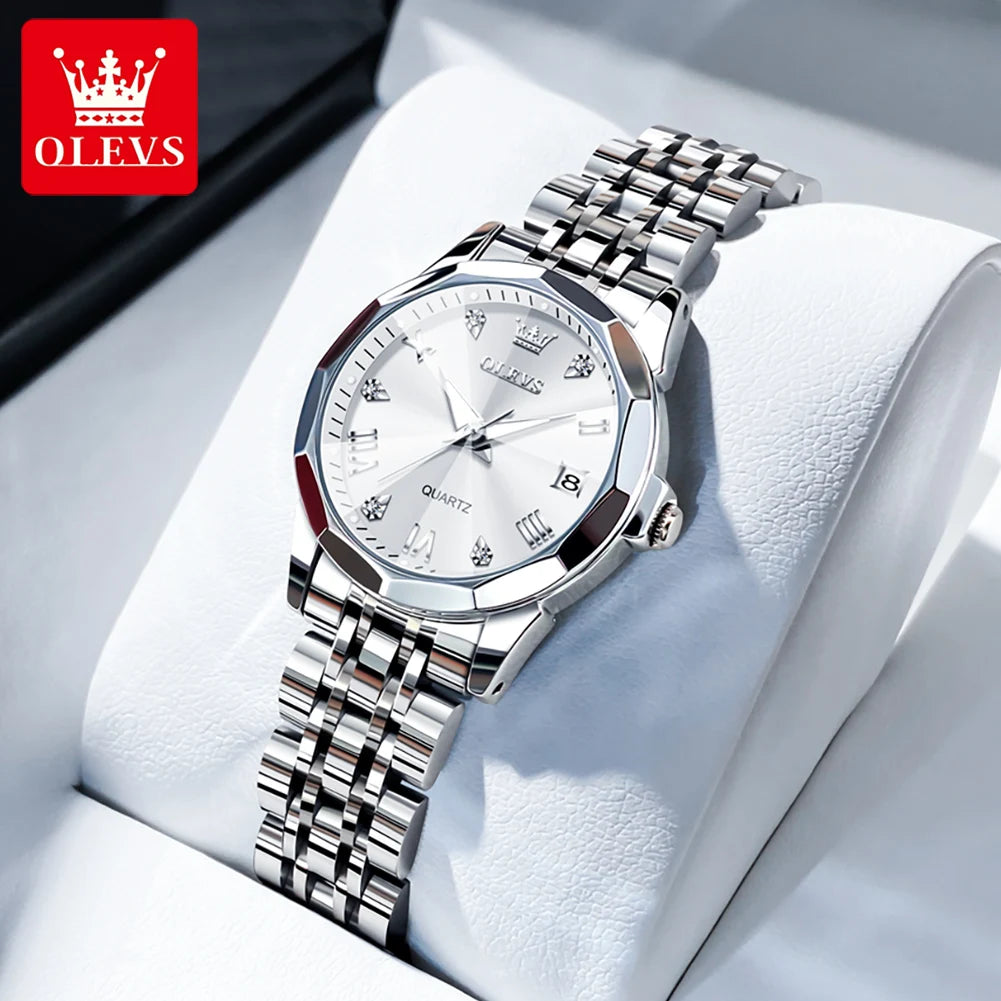OLEVS 9931 Original Quartz Watches For Woman Rhombus Mirror Waterproof Luminous Stainless Steel Wrist Watches Calendar New