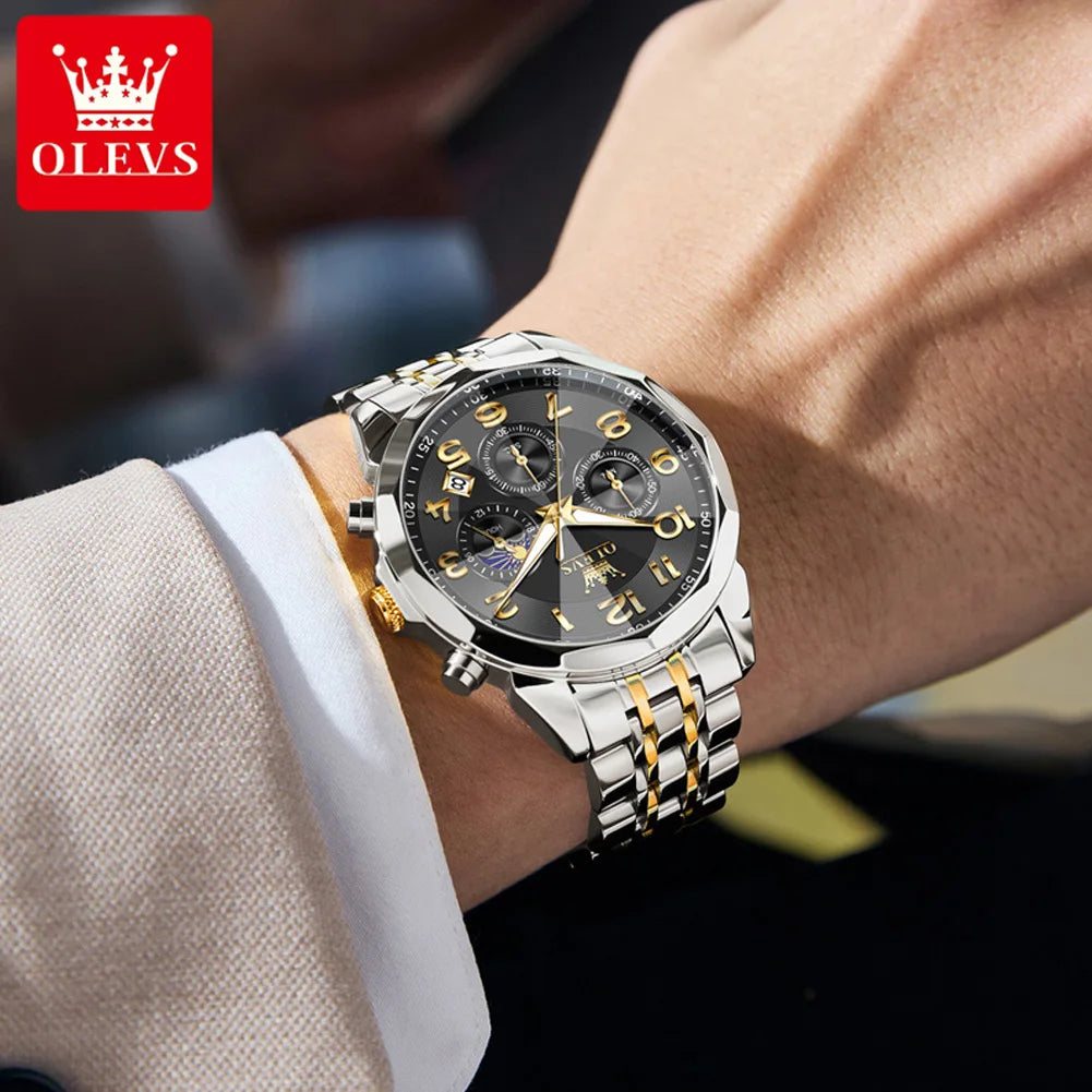 OLEVS 3676 Herrenuhr Top Marke Ziffernskala Quarzuhr für Herren 43mm Großes Zifferblatt Chronograph Wasserdicht Mode Herrenarmbanduhr