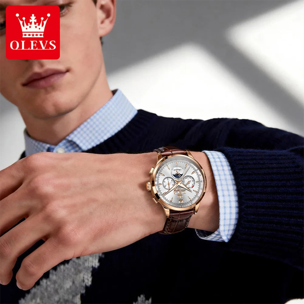 OLEVS 7128 Men's Watch Luxury Classic Automatic Mechanical Wristwatch Waterproof Perpetual Calendar Moon Phase Watches For Men