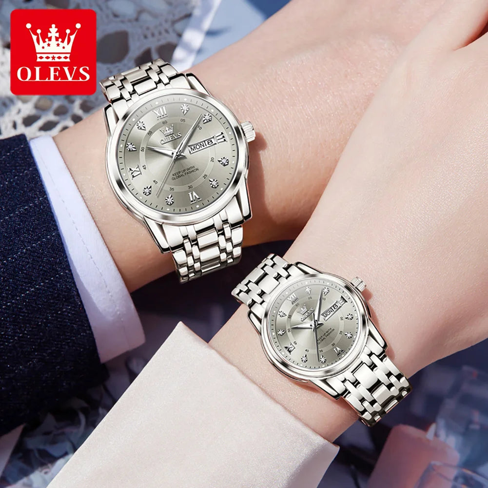 OLEVS 5513 Paar Uhren Luxus Dual-Kalender Quarzuhren für Männer Frauen Original Wasserdicht Leuchtende Diamant-Skala Zeigeruhr