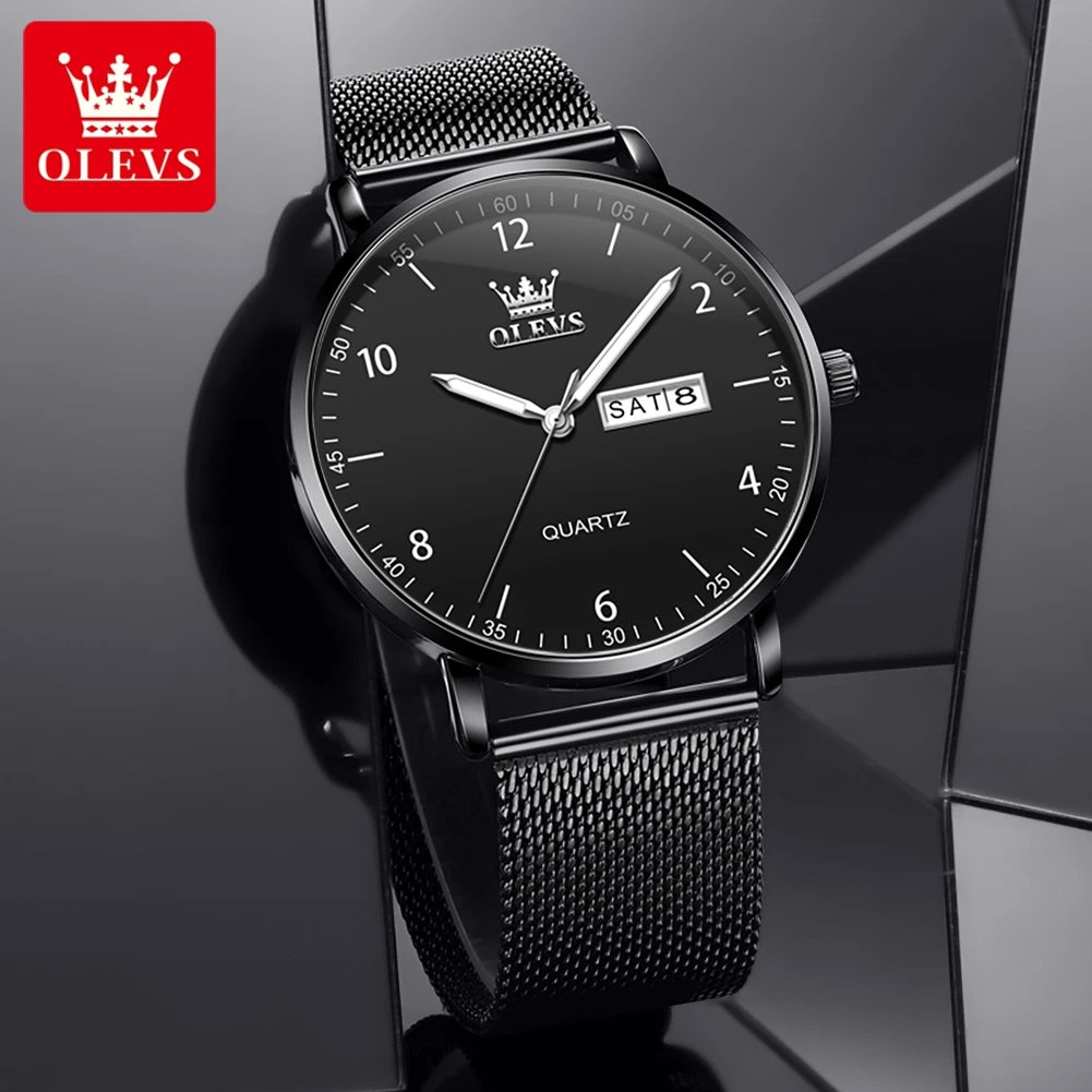 OLEVS 2996 Neue Uhren Herren Original Wochentag Quarzarmbanduhren Wasserdichte Leuchtuhren für Herren Geschenkbox Slim Reloj
