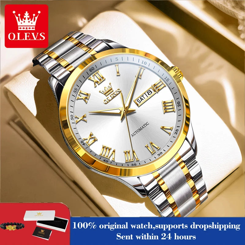 OLEVS 7075 Watches For Man Luxury Original Mechanical Watch For Men Week Calendar Waterproof Automatic Hand Clock Steel Strap