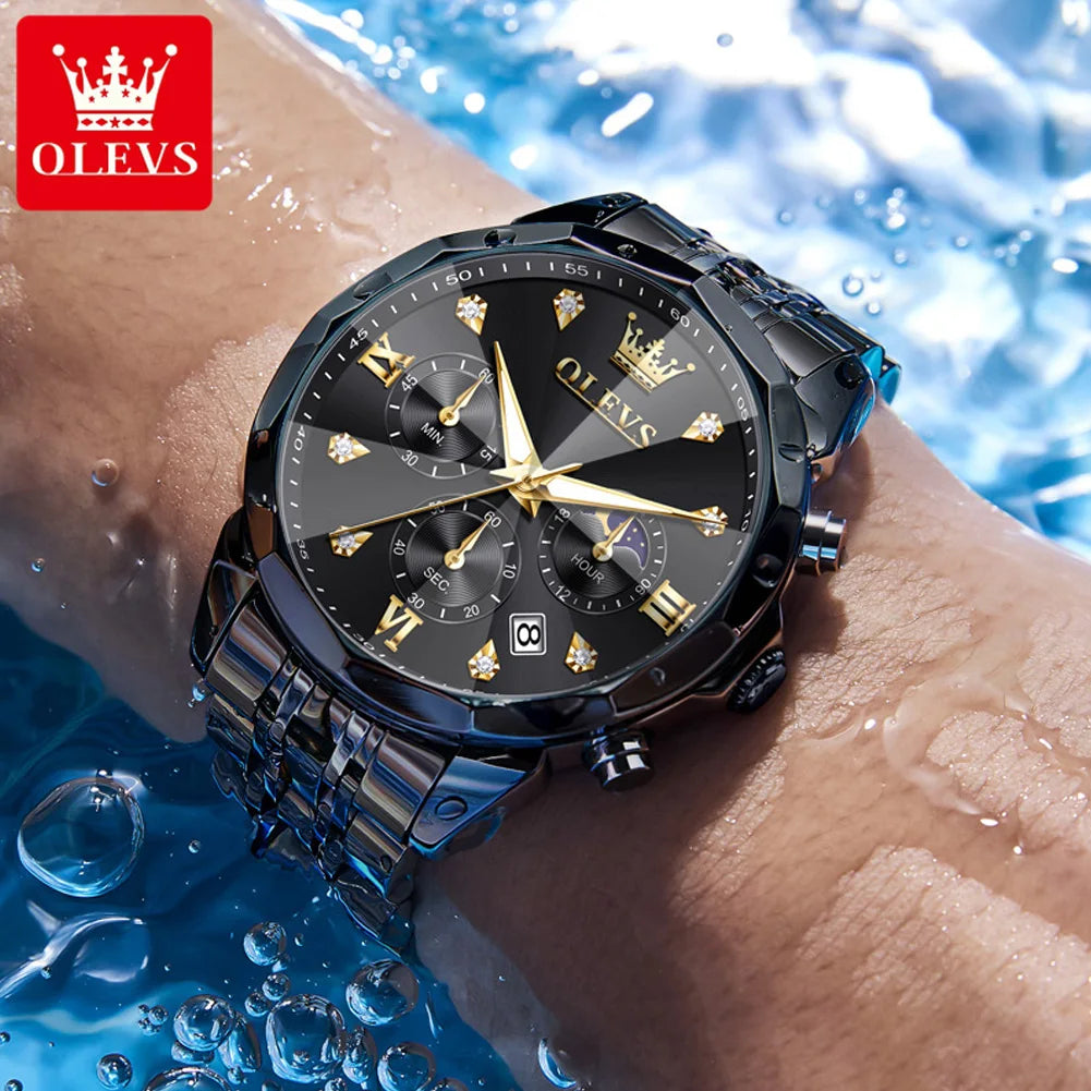 OLEVS 3670 Herrenuhr Mode Datum Mondphase Leuchtende Quarzuhr für Herren Luxus Chronograph Wasserdicht Business-Armbanduhr