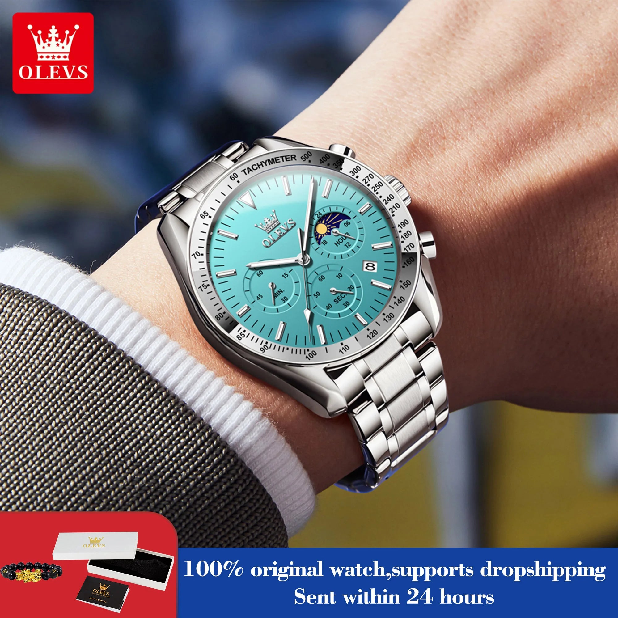 OLEVS 3618 Quarzuhr für Herren, originaler Chronograph, Mondphase, 24-Stunden-Anzeige, Armbanduhr, Edelstahl, Top-Marke Herrenuhr
