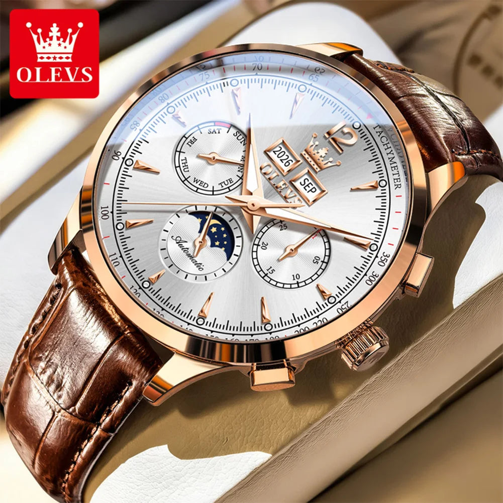OLEVS 7128 Men's Watch Luxury Classic Automatic Mechanical Wristwatch Waterproof Perpetual Calendar Moon Phase Watches For Men