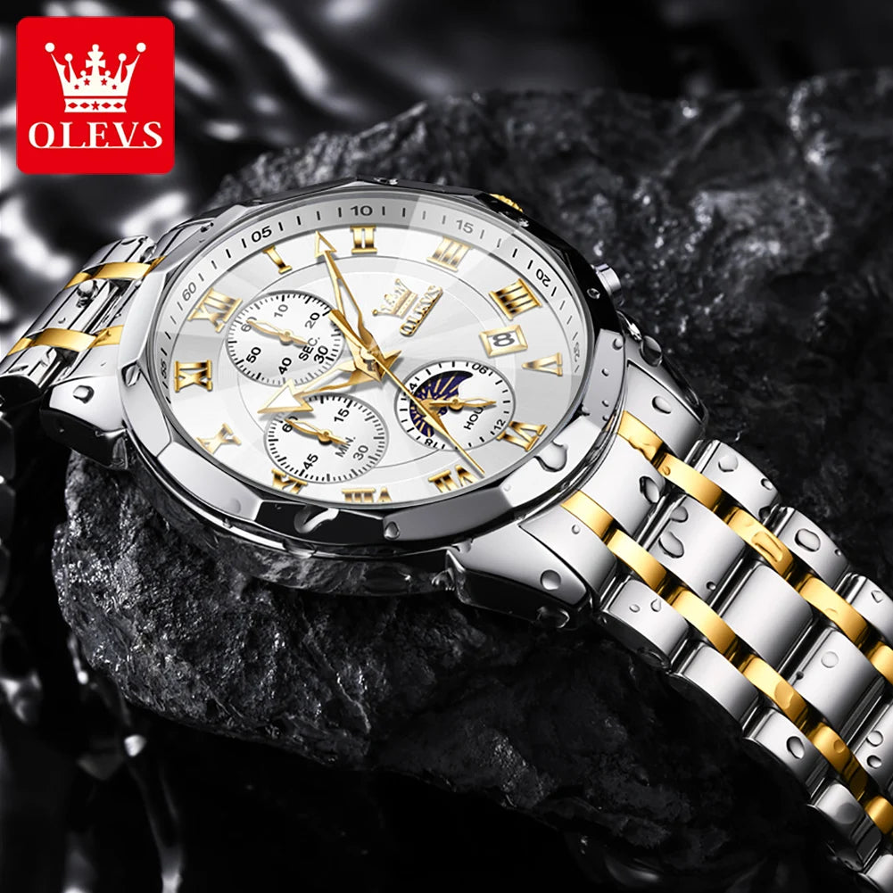 OLEVS 3675 Uhr für Herren, römische Ziffern, luxuriöses Rhombus-Spiegel-Chronograph, Herren-Armbanduhr, Mondphase, Datum, wasserdichte Quarzuhr