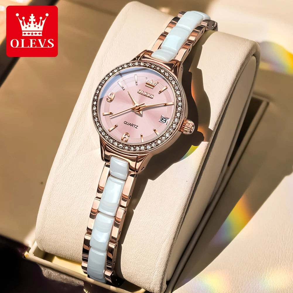 OLEVS 7093 Ladies Watch High Quality Elegant Original Quartz Wristwatch Waterproof Luminous Watches For Woman Ceramics Strap