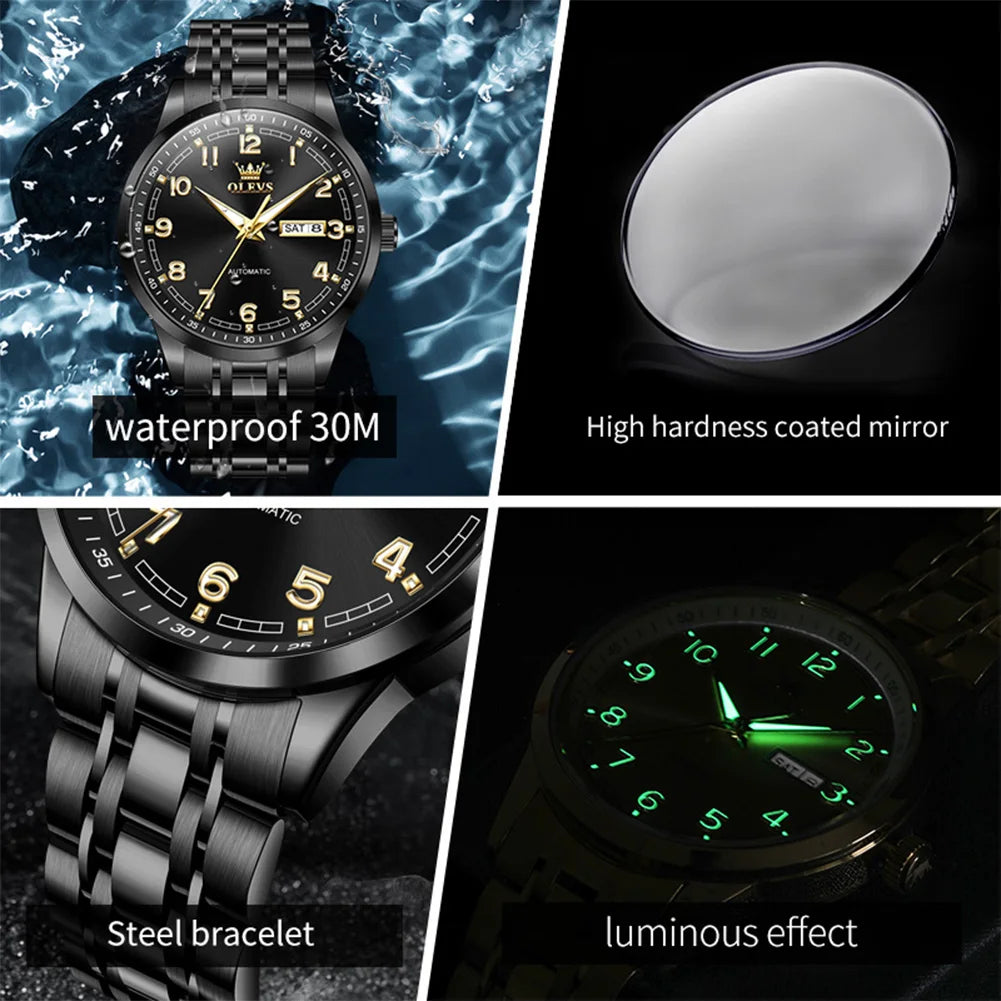 OLEVS 7077 Man Automatic Watch Fashion Date Mechanical Male Hand Clock Number Scale Luxury Waterproof Luminous Watch For Men