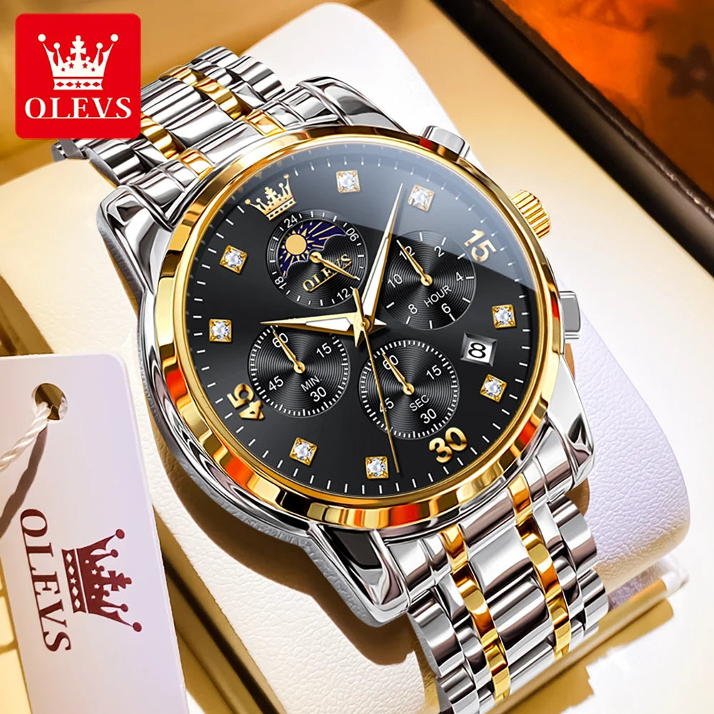 OLEVS 3652 Herrenuhr Ziffernskala Quarzuhr für Herren Chronograph Mondphase Datum Luxus Wasserdicht Leuchtende Herrenarmbanduhr