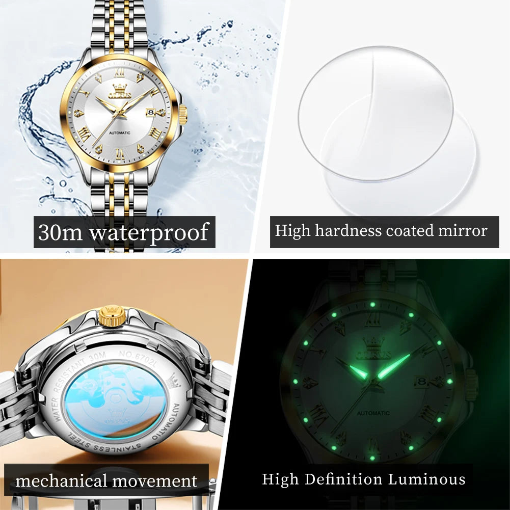 OLEVS 6702 Woman Watch Steel Strap Auto Date Mechanical Watch For Women Roman Scale Luxury Luminous Waterproof Ladies Hand Clock