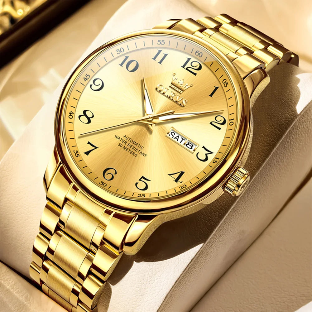 OLEVS 7072 Mens Watch Fashion Original Mechanical Watches For Men Dual Calendar Waterproof Business Automatic Hand Clock
