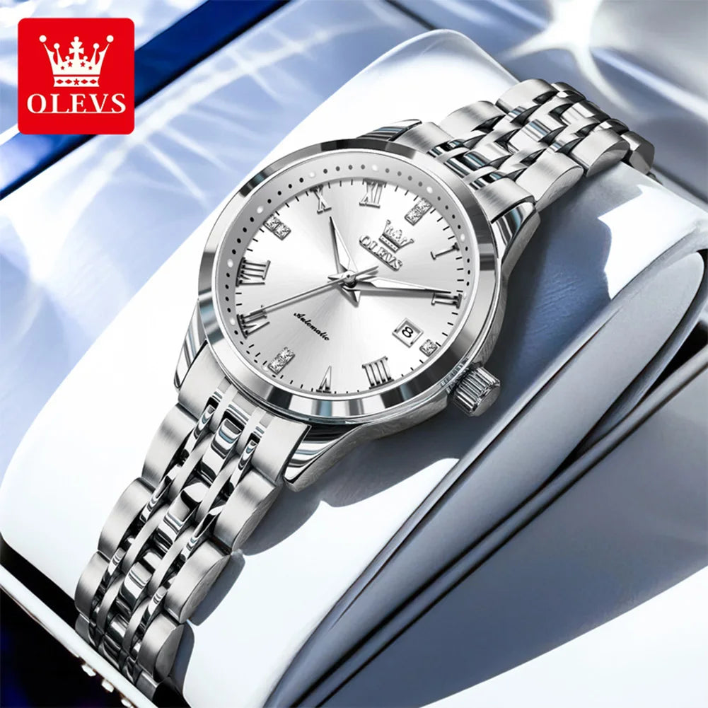 OLEVS 7062 Woman Watch  Luxury Luminous Waterproof Steel Strap Auto Date Mechanical Watches For Women Roman Scale Ladies Hand