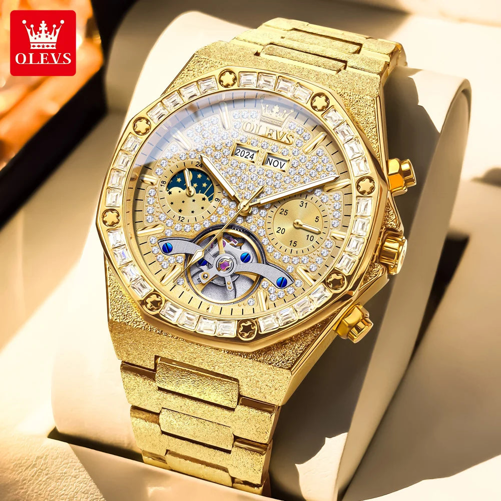 OLEVS 9805 Men Watch Luxury Classic Hollow Skeleton Diamond Waterproof Man Hand Clock Moon Phase Date Mechanical Watch For Men