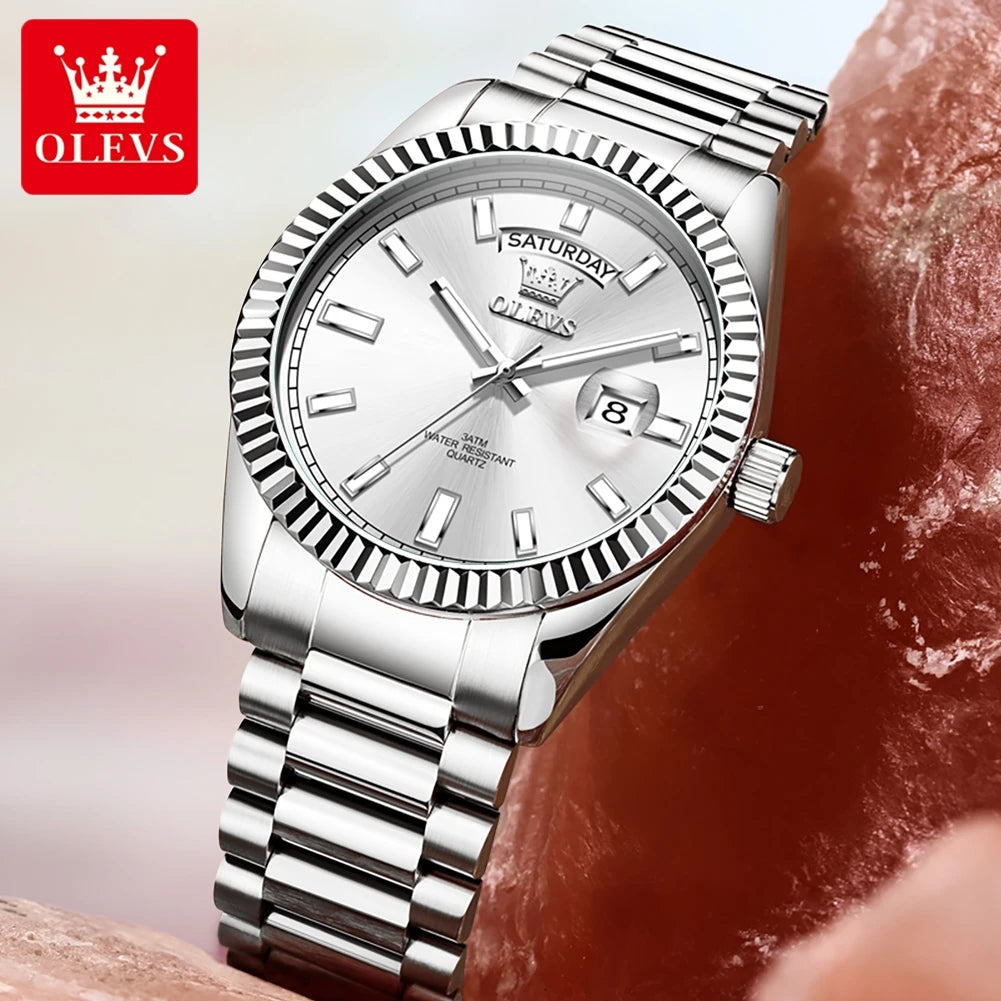 OLEVS 5650 Watches For Man Original Chronograph Date Quartz Watch Steel Strap Waterproof Luminous Top Brand Mens Watch Gifts
