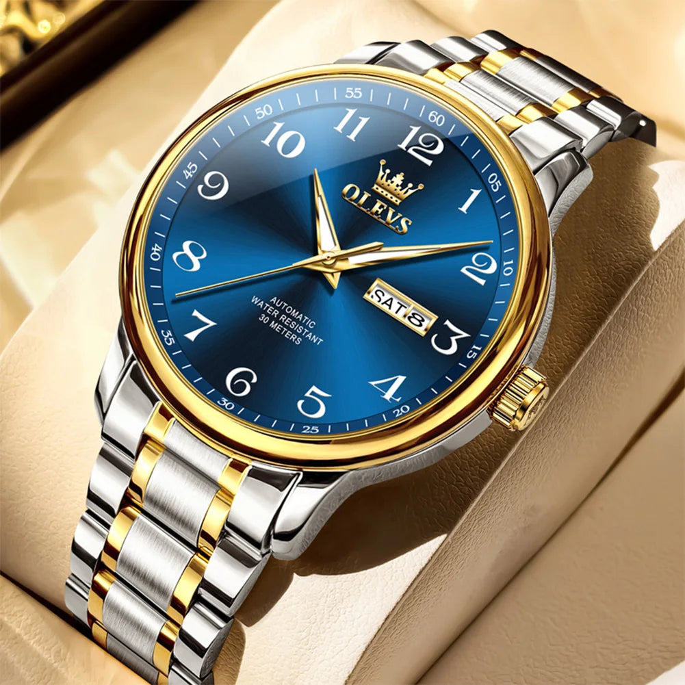 OLEVS 7072 Mens Watch Fashion Original Mechanical Watches For Men Dual Calendar Waterproof Business Automatic Hand Clock