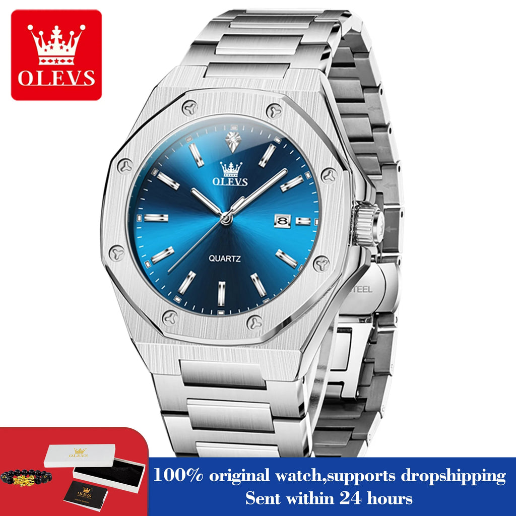 OLEVS 3613 Uhr für Herren, original luxuriös, Datum, Leuchtzeiger, Quarz, Business, Armbanduhr, wasserdicht, Edelstahlarmband, Herrenuhr