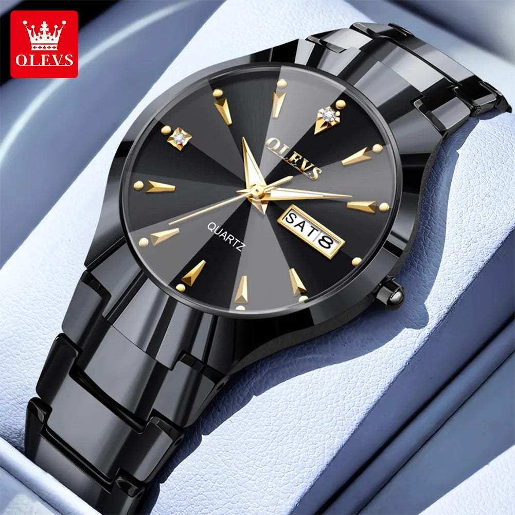 OLEVS 8697 Men's Watch Top Brand Luxury Dual Calendar Quartz Watch For Men Rhombus Mirror Tungsten Steel Strap Man Hand Clock